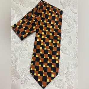 VINTAGE Yves Saint Laurent Black Brown and Yellow Checker Pattern Silk Tie